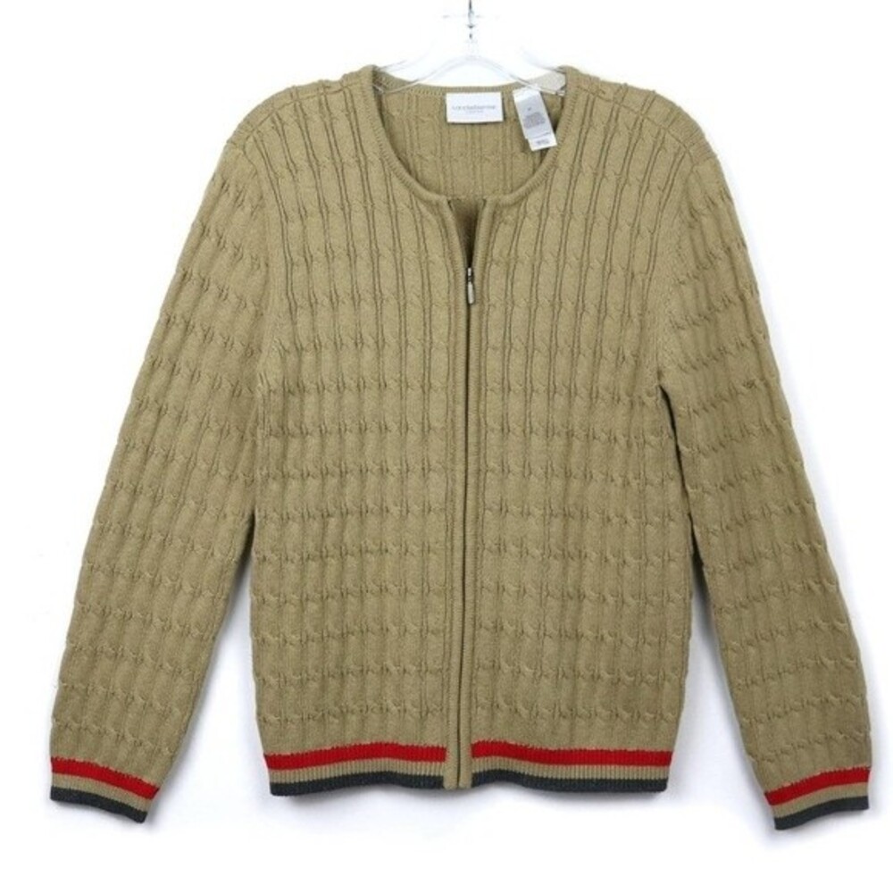LIZ CLAIBORNE Zip Preppy Cardigan Sweater 100% Cotton Tan Red Women's Medium